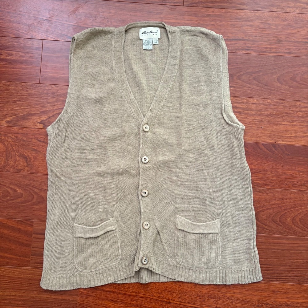Eddie Bauer Mens Knit Cardigan Vest L Tan Beige Ramie Cotton V-Neck Pockets